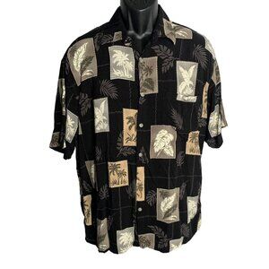 Vintage 90s St Johns Bay Hawaiian Camp Shirt L Black Floral Button Up Pocket